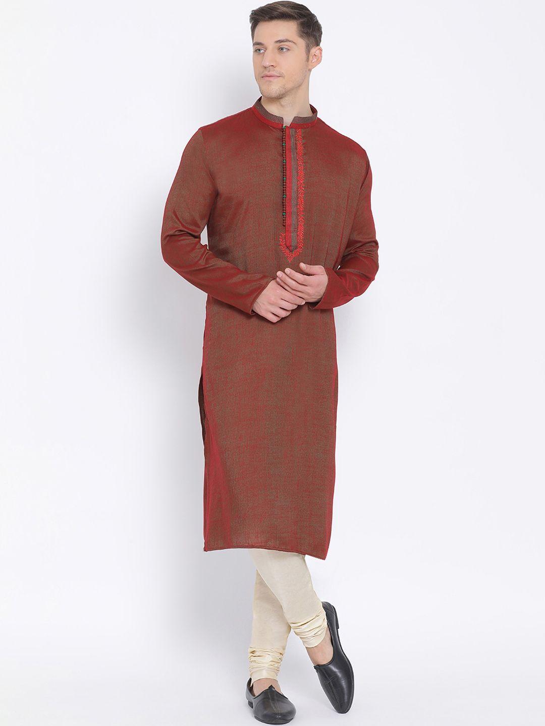 namaskar men maroon solid cotton kurta