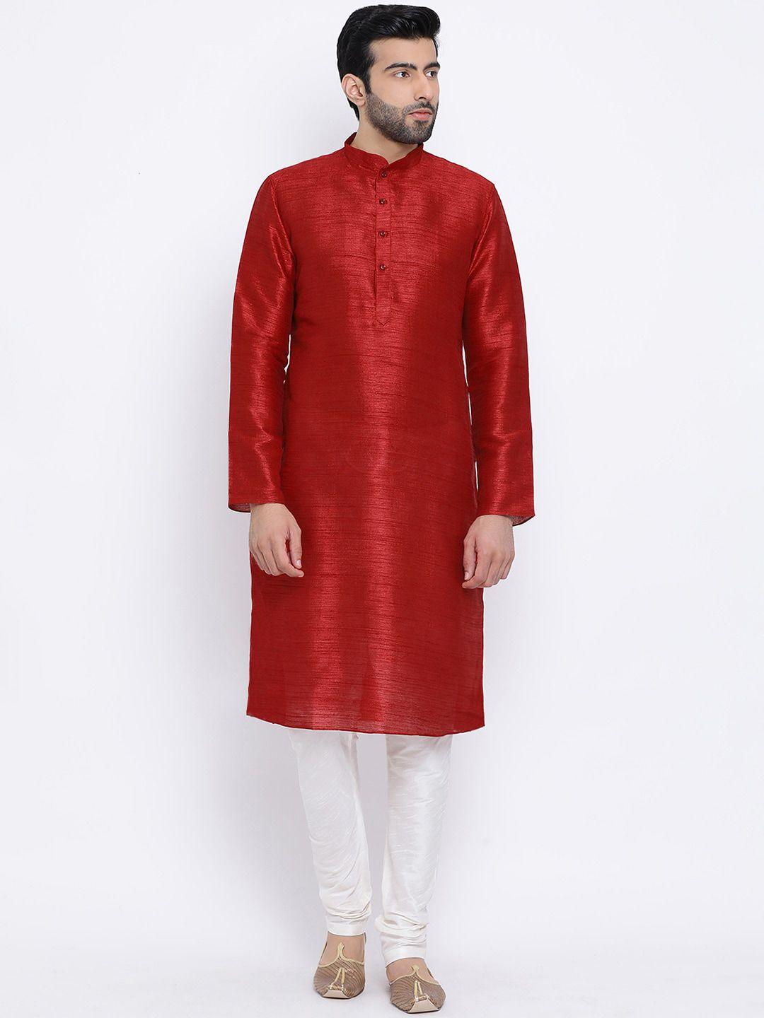 namaskar men maroon solid dupion silk straight kurta