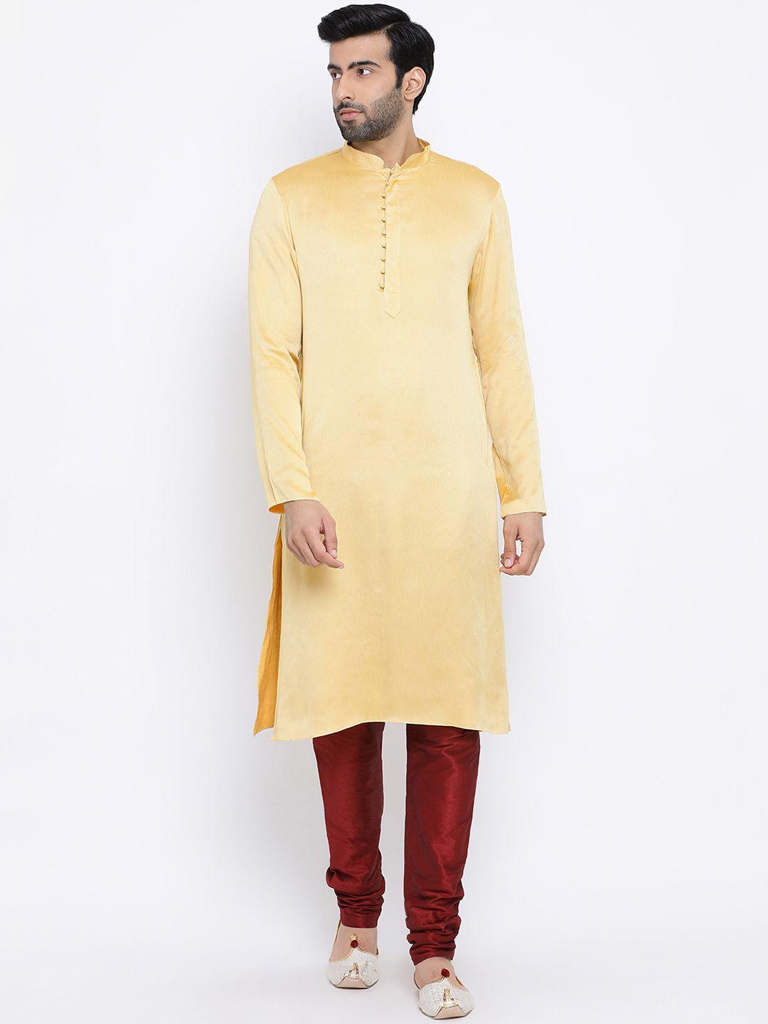 namaskar men mustard solid straight kurta