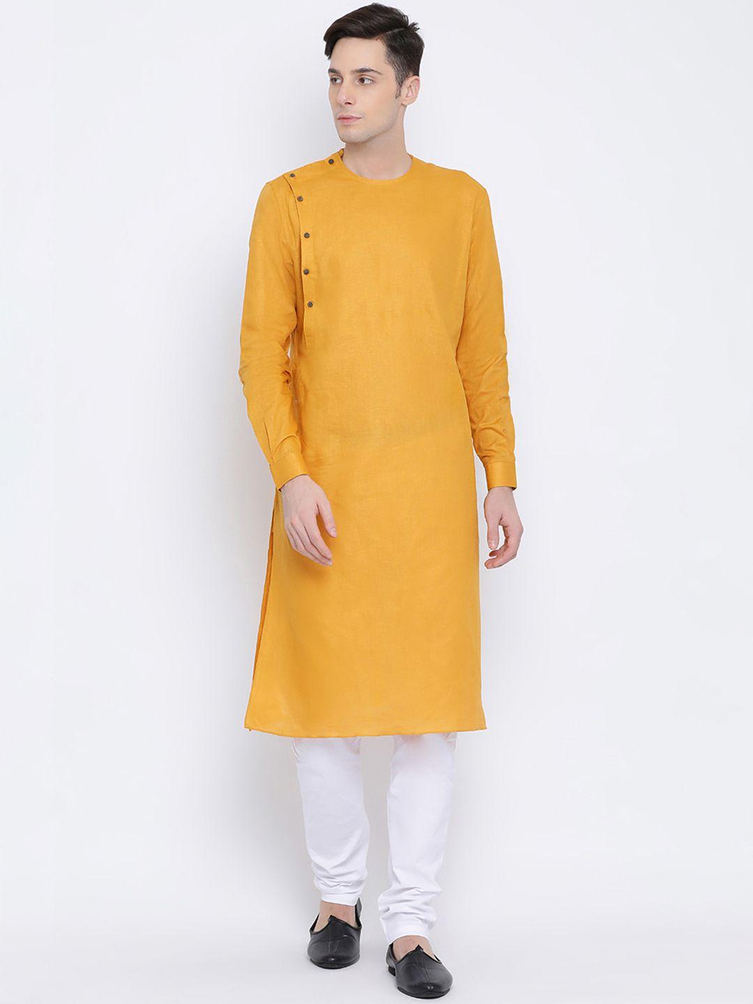 namaskar men mustard yellow solid straight kurta