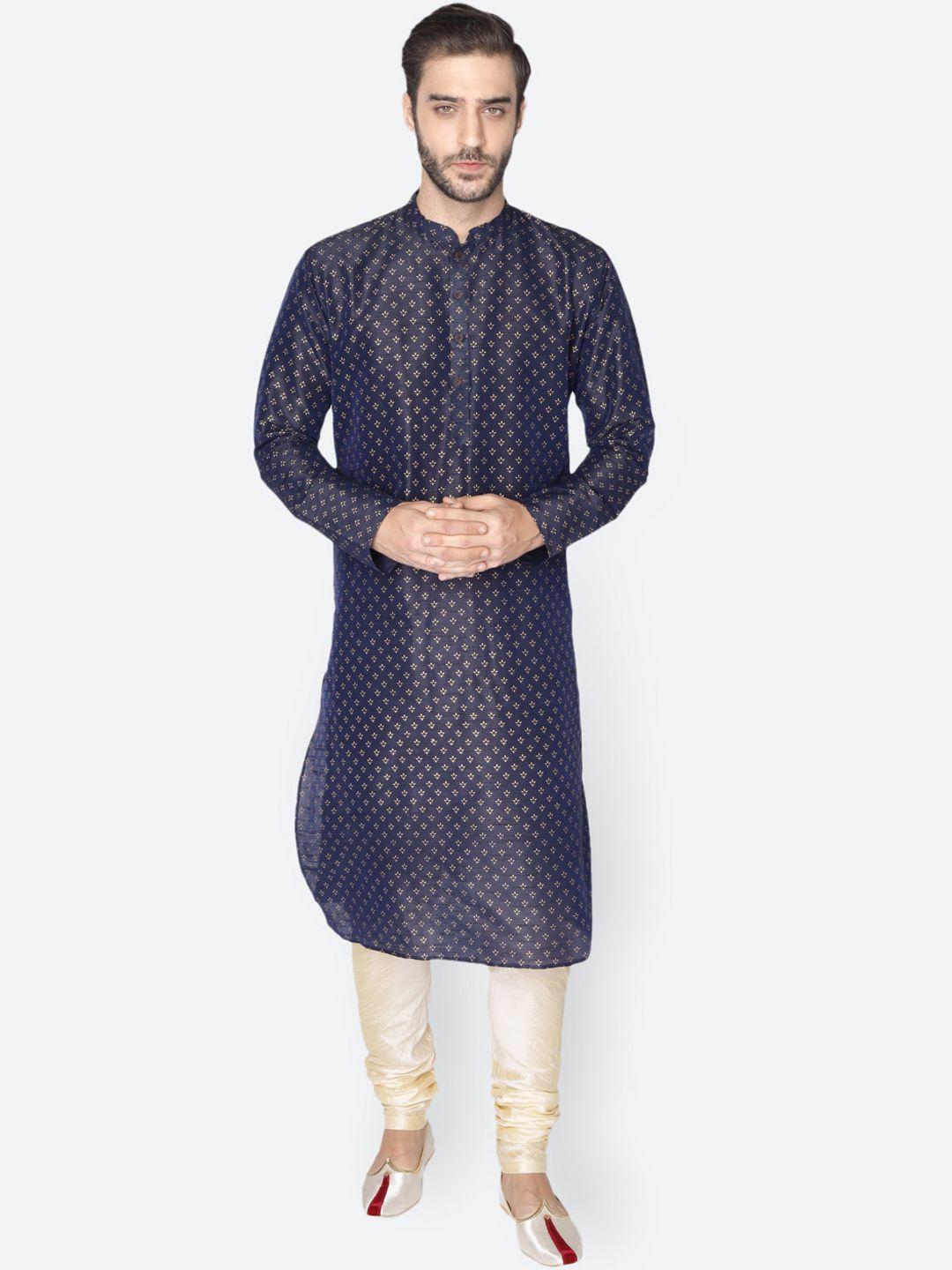 namaskar men navy blue dupion silk printed kurta