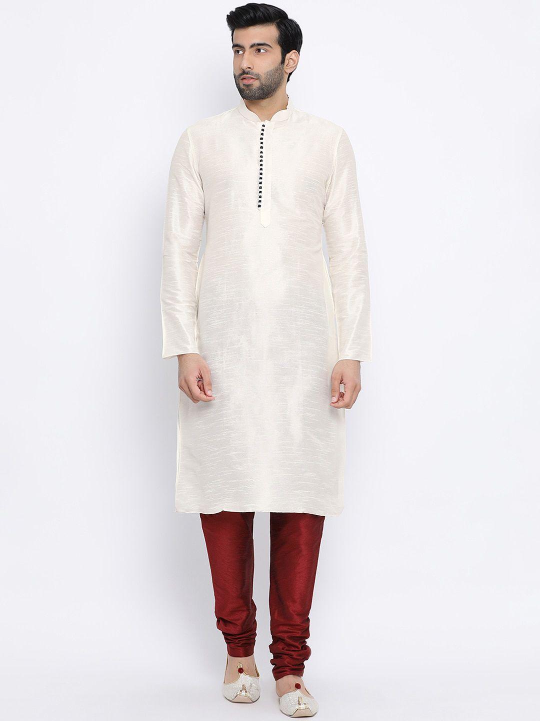 namaskar men off-white & maroon dupion silk solid kurta with churidar