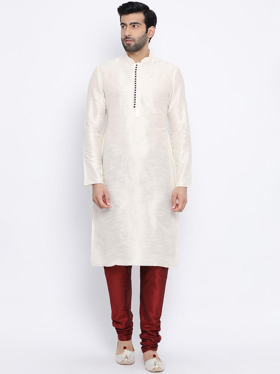 namaskar men off-white dupion silk solid straight kurta