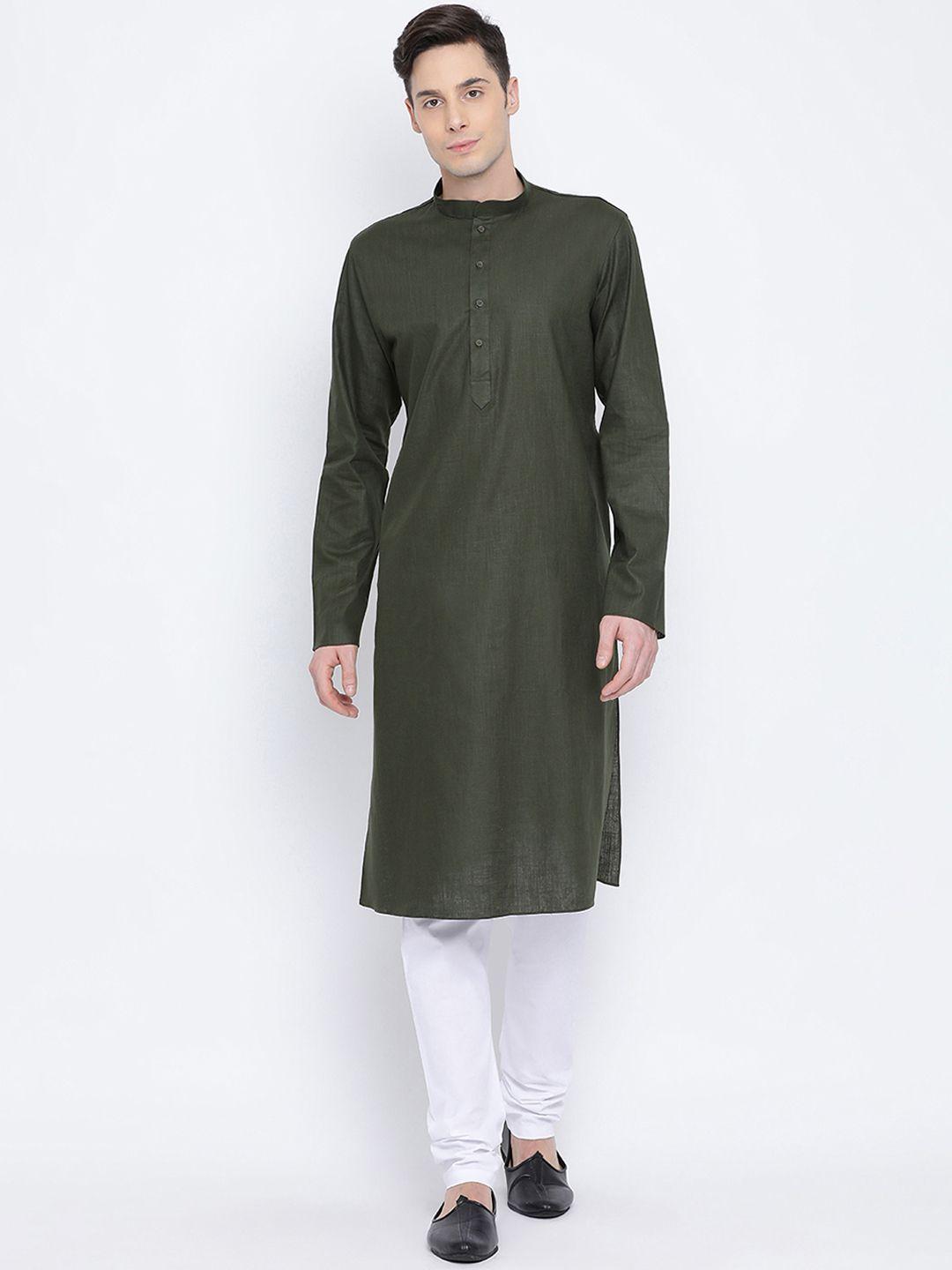 namaskar men olive green solid straight kurta