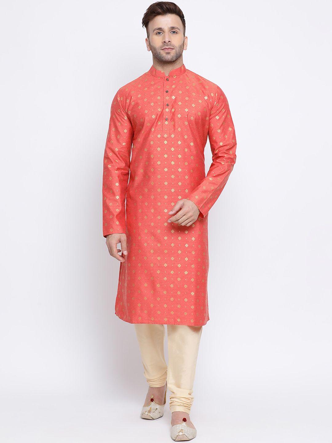 namaskar men orange & gold printed kurta with churidar