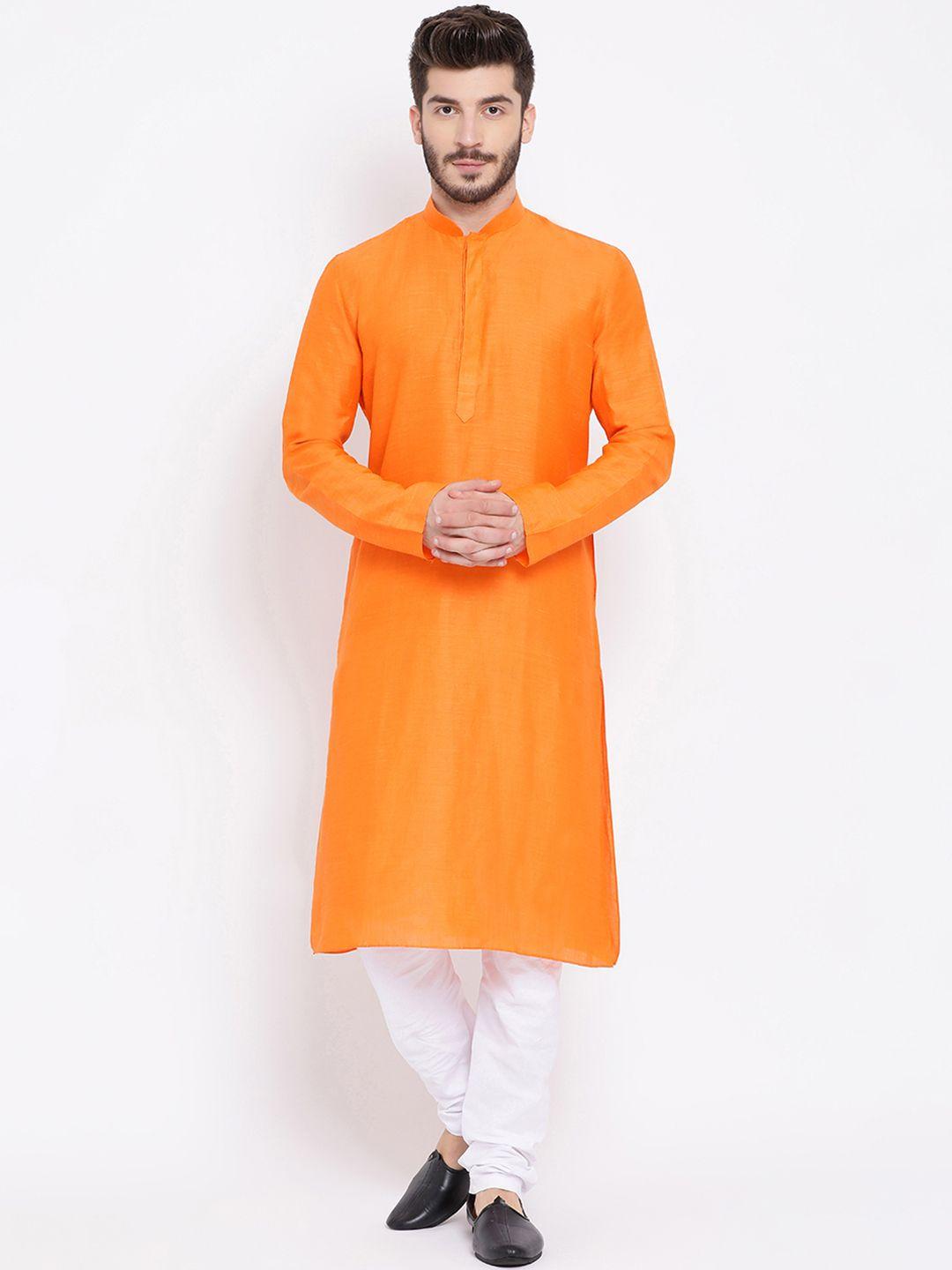 namaskar men orange & white solid kurta with churidar