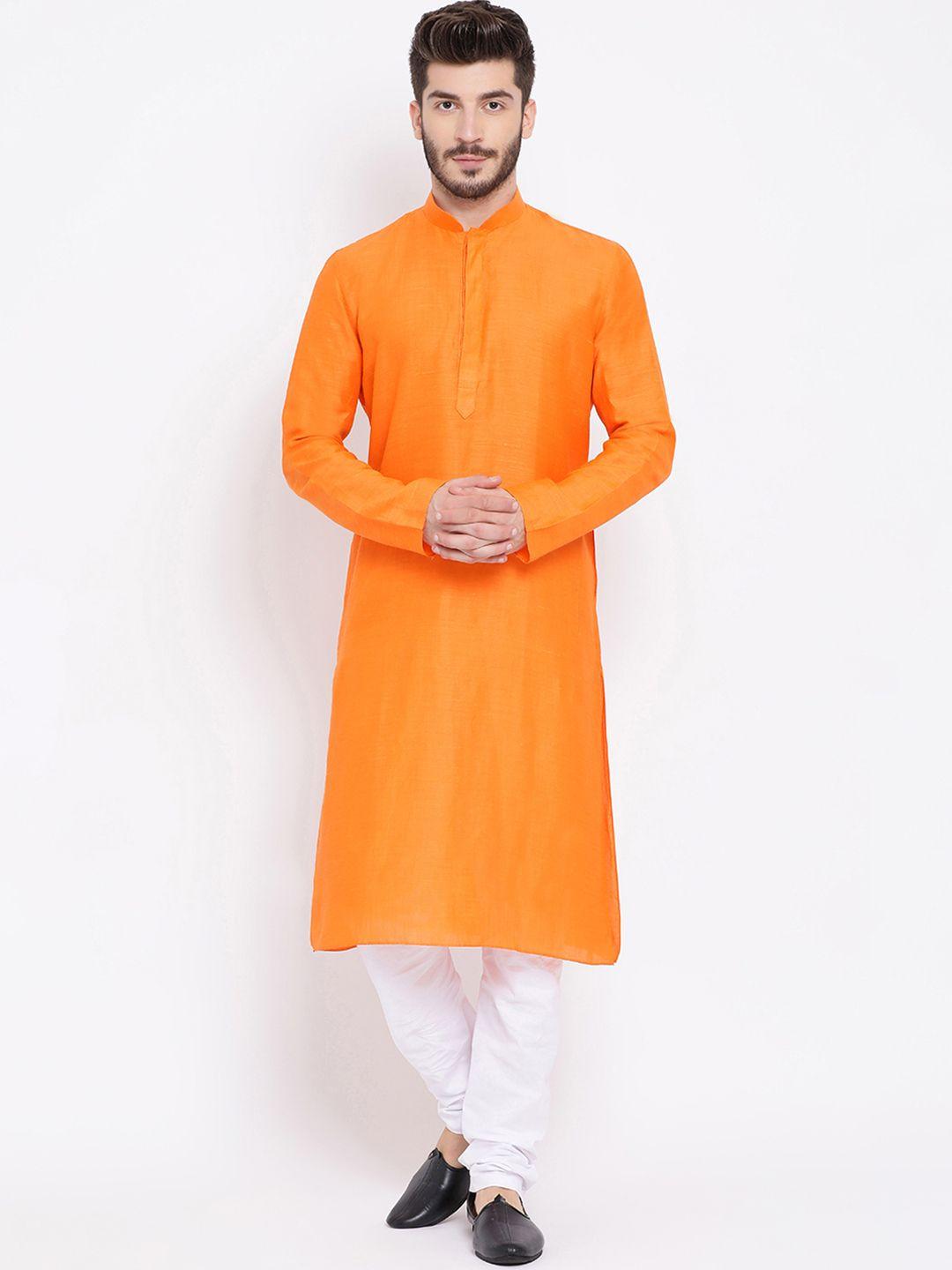 namaskar men orange & white solid kurta with churidar