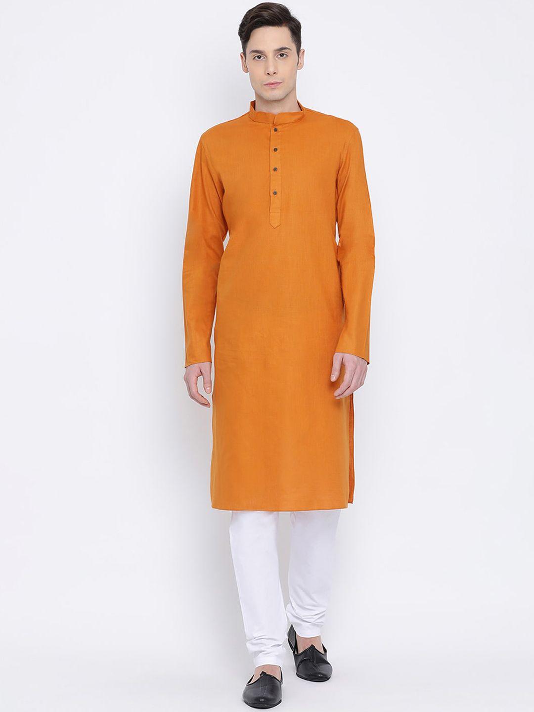 namaskar men orange solid cotton kurta