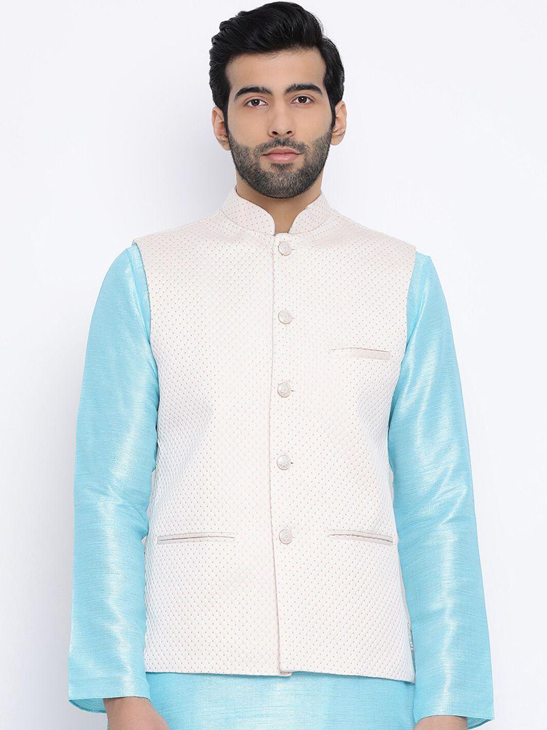 namaskar men pink & white woven design nehru jacket