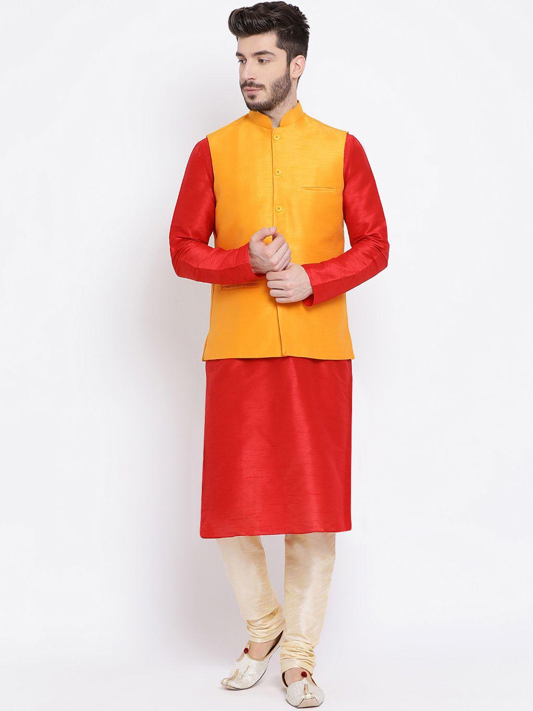 namaskar men red & beige solid kurta with churidar