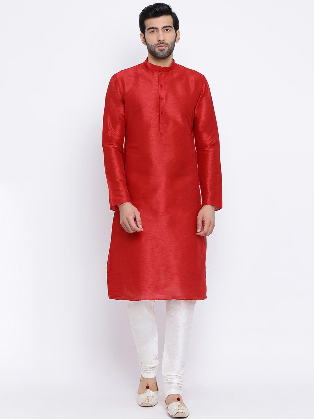 namaskar men red & white solid kurta with churidar