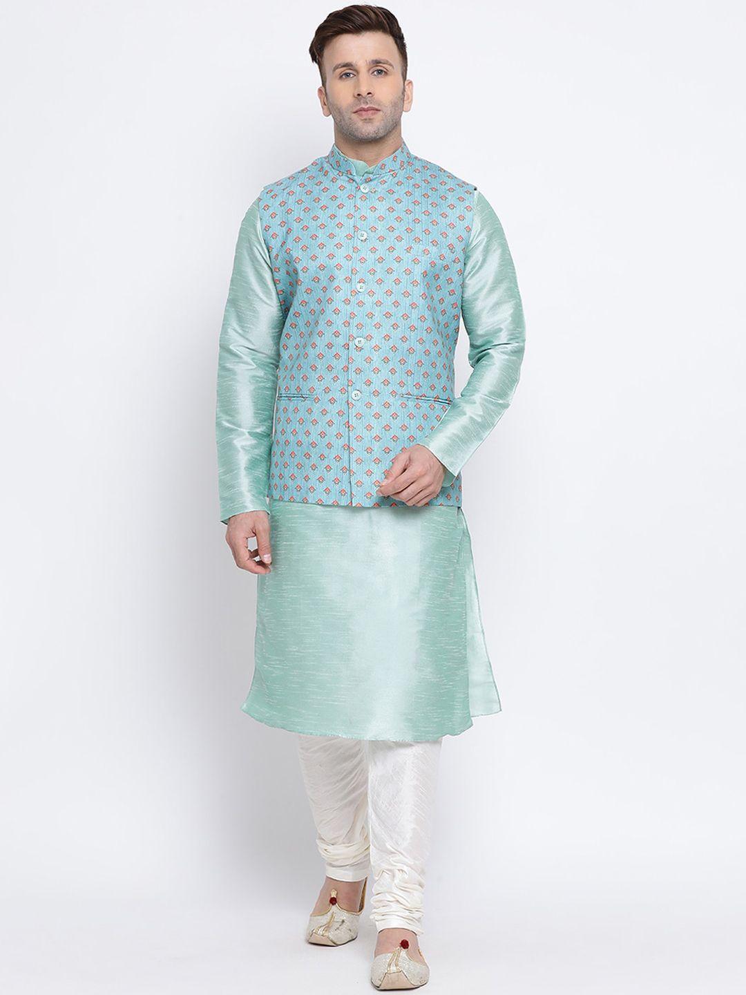 namaskar men sea green & white solid kurta with churidar & nehru jacket