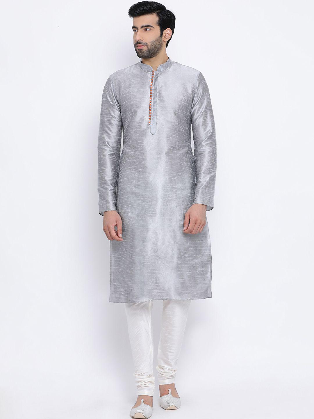 namaskar men silver-coloured solid straight kurta