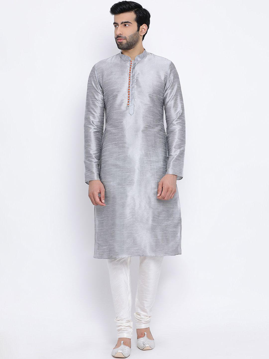 namaskar men silver-toned & off-white solid dupion silk kurta with churidar