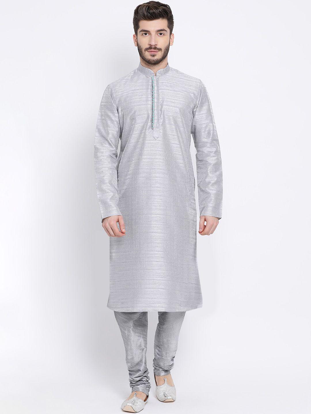 namaskar men silver-toned solid silk kurta with churidar