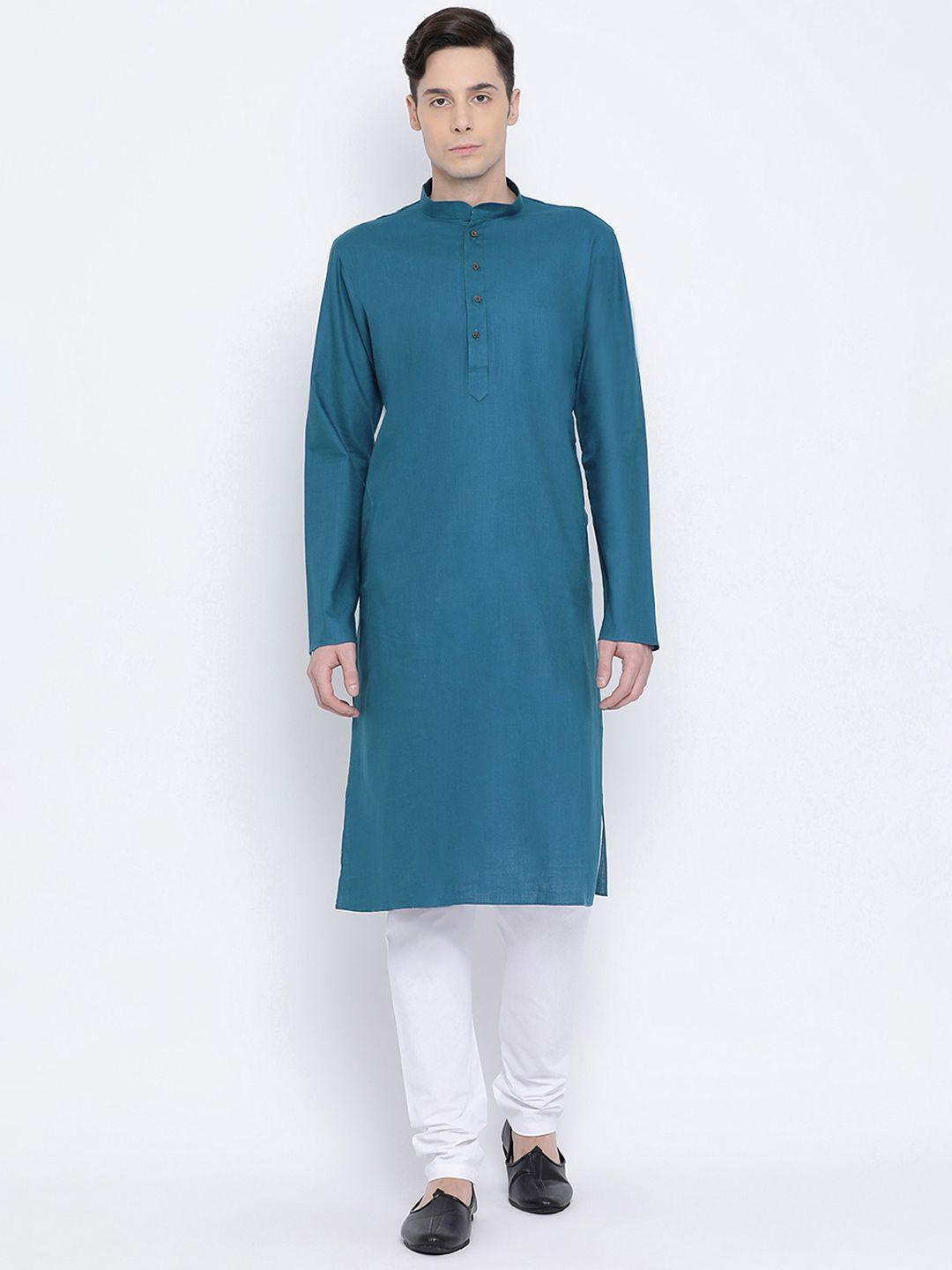 namaskar men teal blue & white cotton solid kurta with churidar