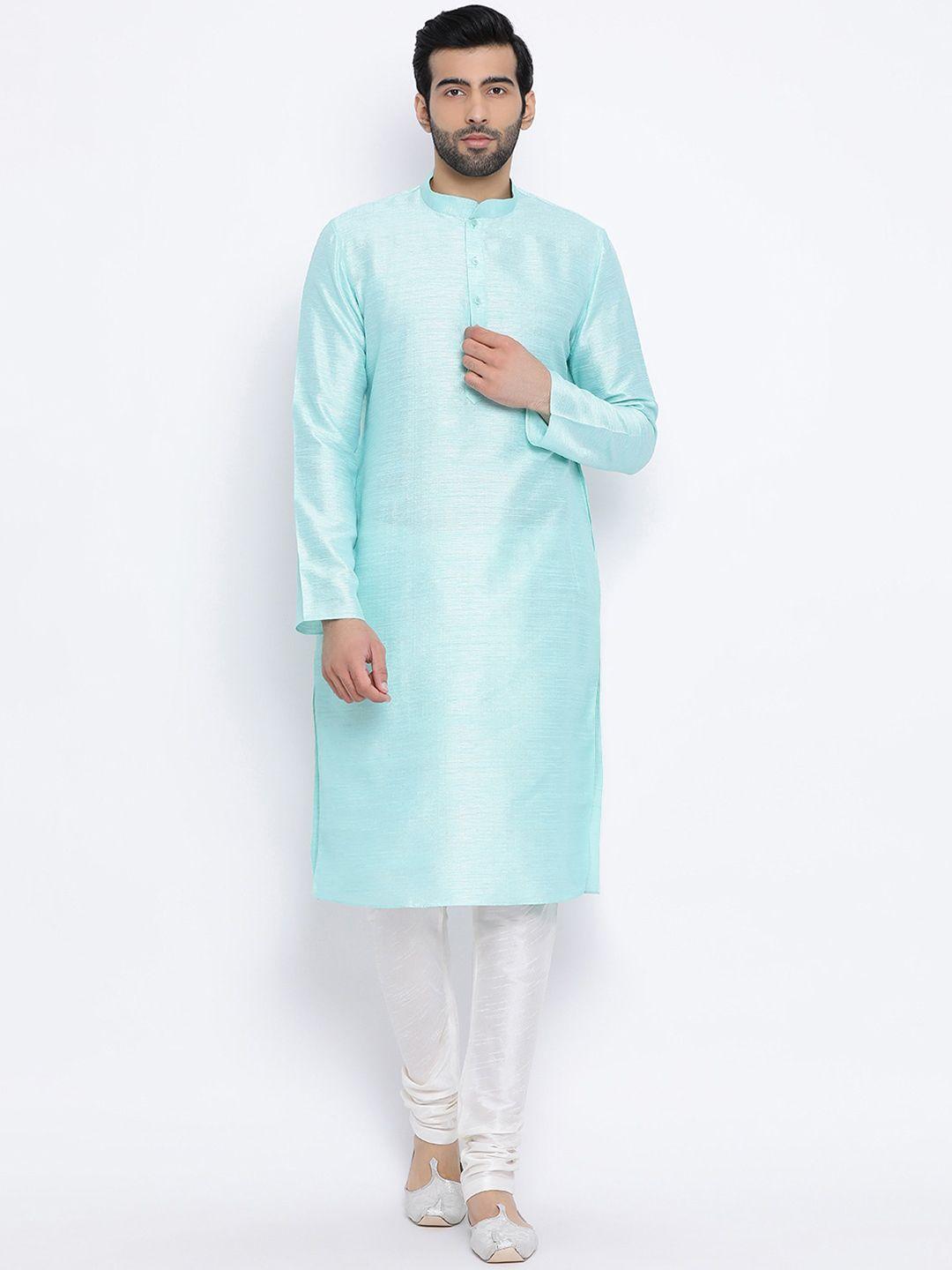namaskar men turquoise blue & white self design kurta with pyjamas