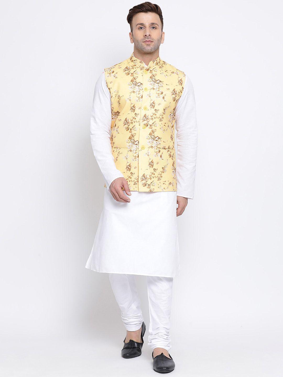 namaskar men white & yellow solid kurta with churidar & nehru jacket