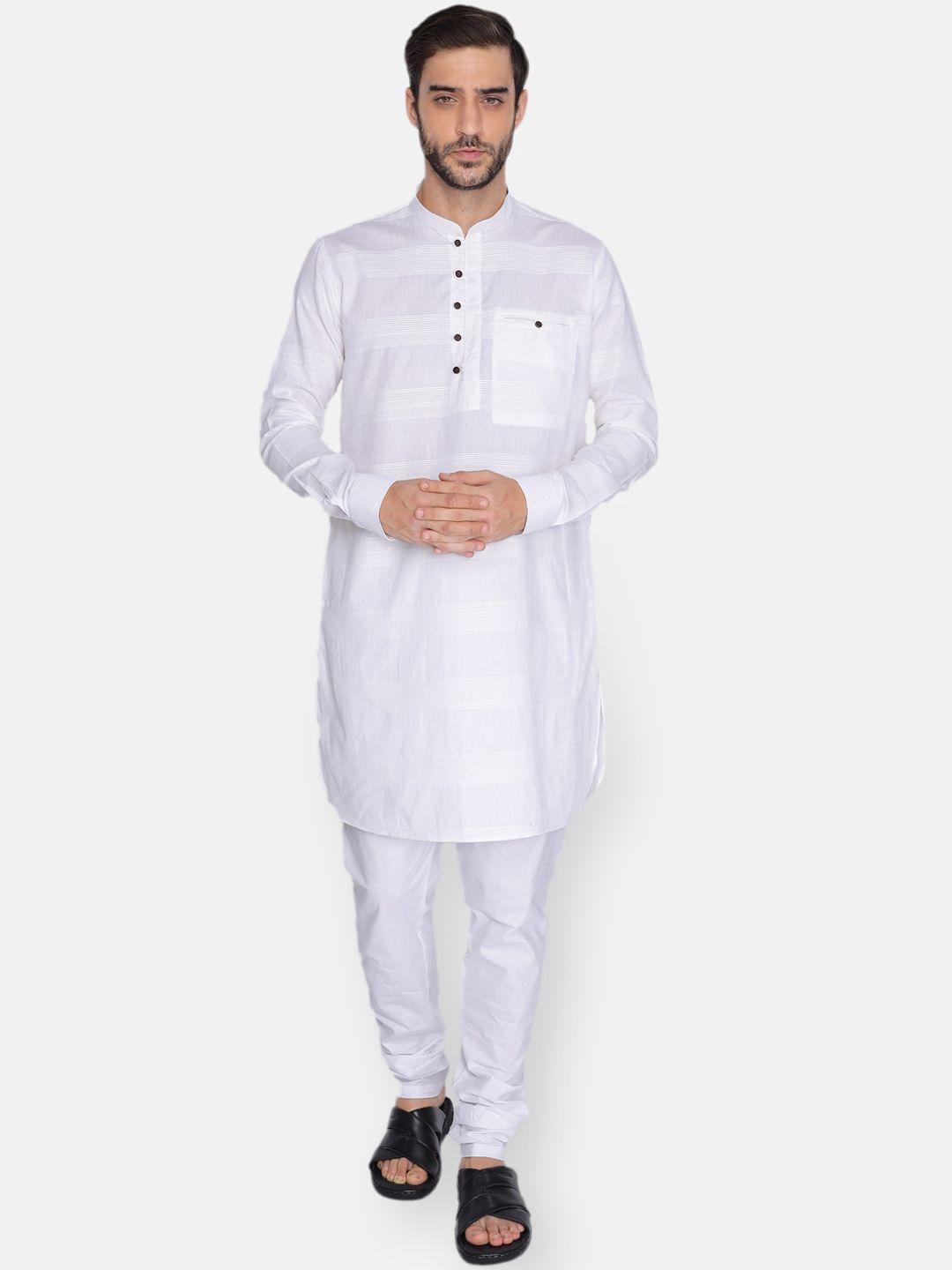 namaskar men white striped mandarin collar straight cotton kurta