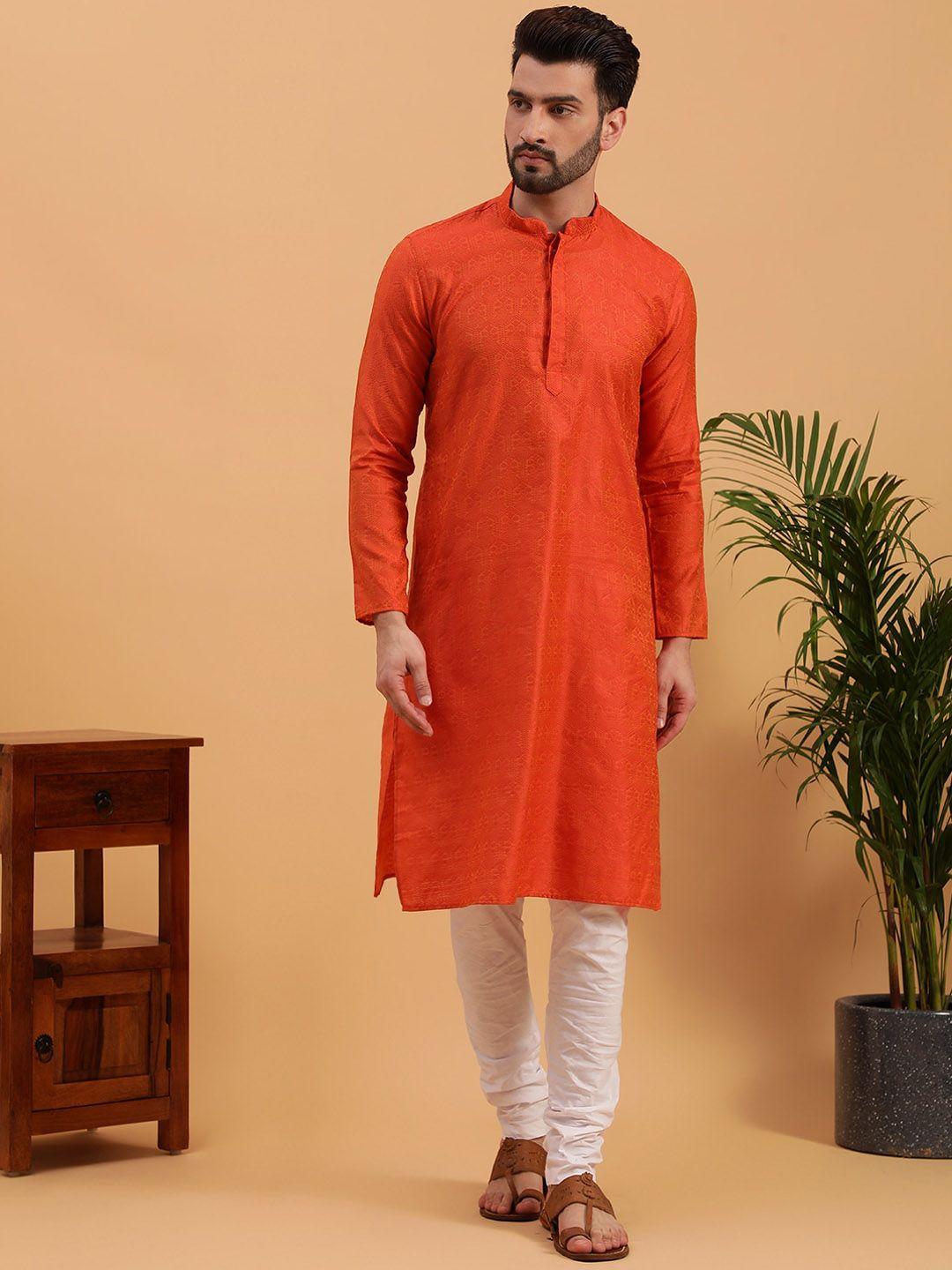 namaskar men woven design mandarin collar cotton kurta