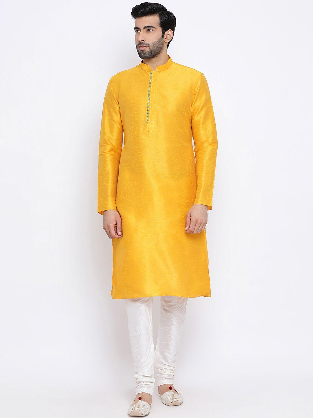 namaskar men yellow & off-white solid dupion silk kurta with churidar