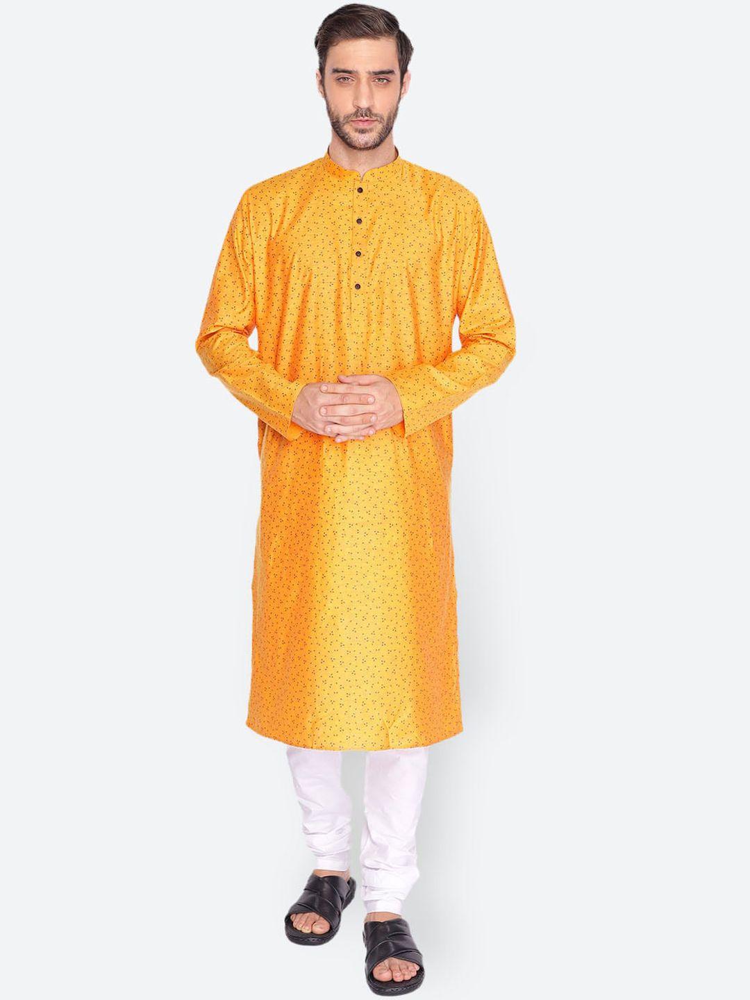 namaskar men yellow & red cotton blend printed kurta