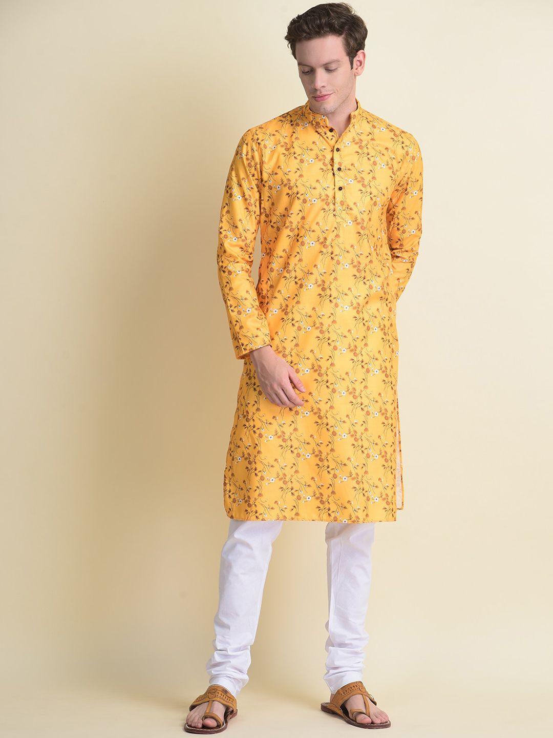 namaskar men yellow cotton printed kurta