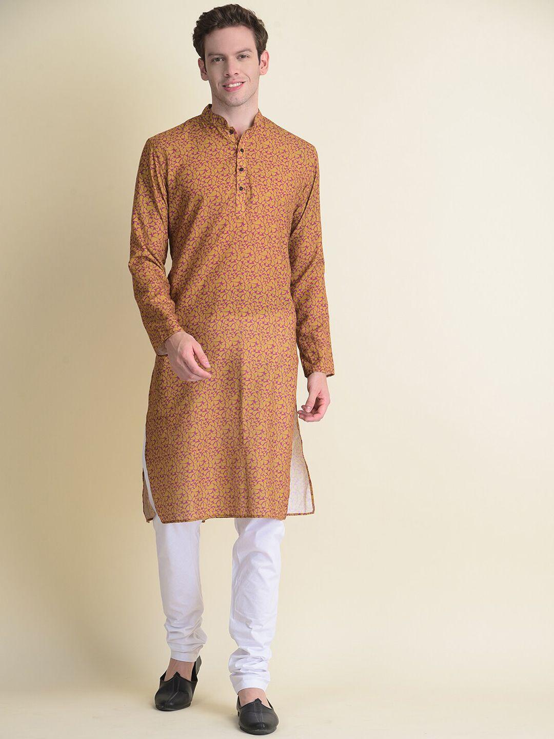 namaskar men yellow cotton printed kurta