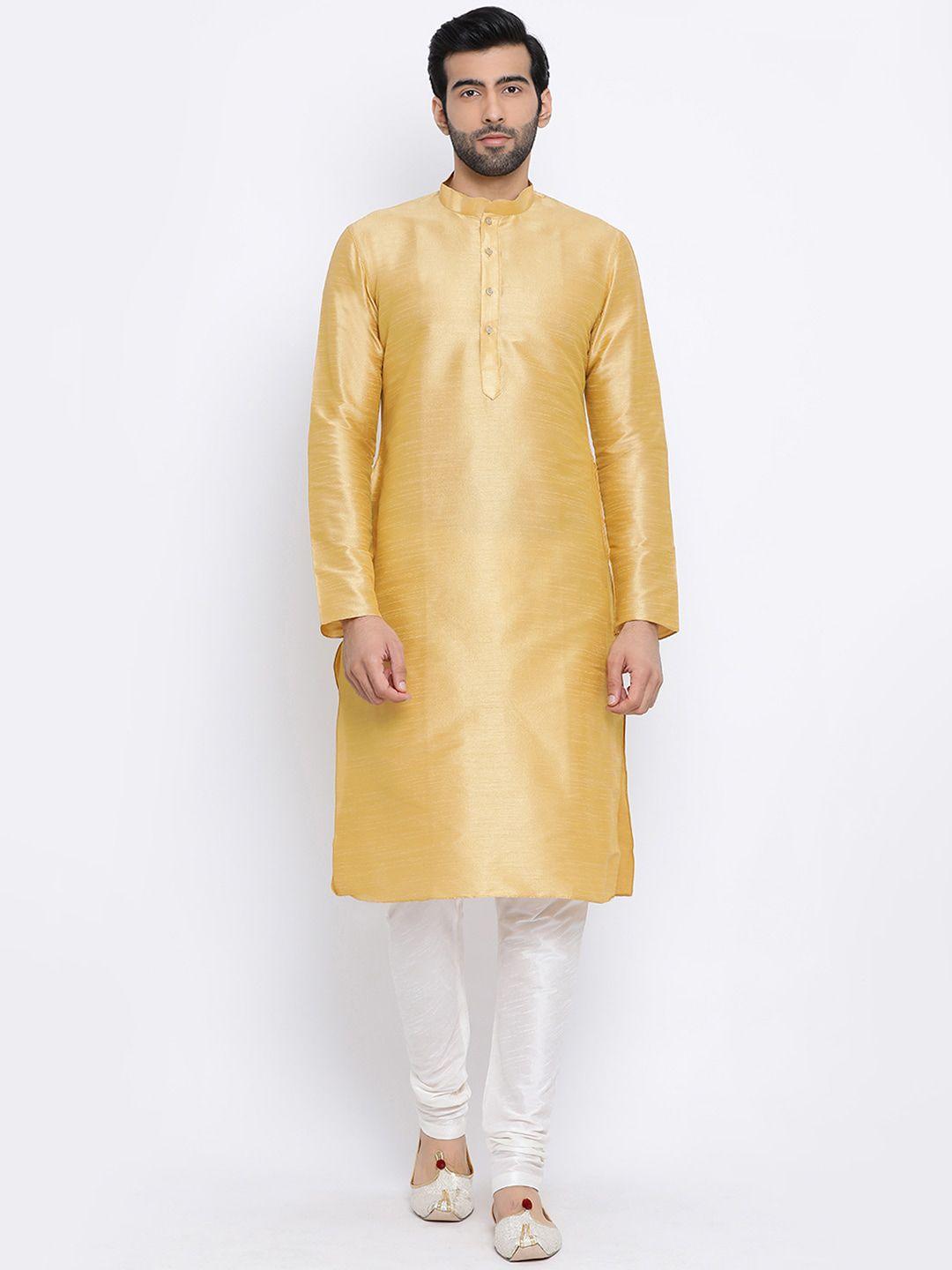 namaskar men yellow dupion silk solid kurta