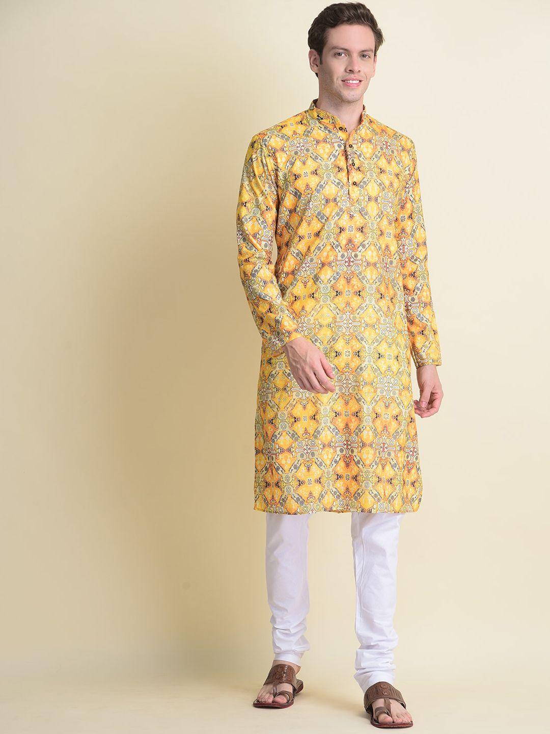 namaskar men yellow flared sleeves  cotton printed kurta