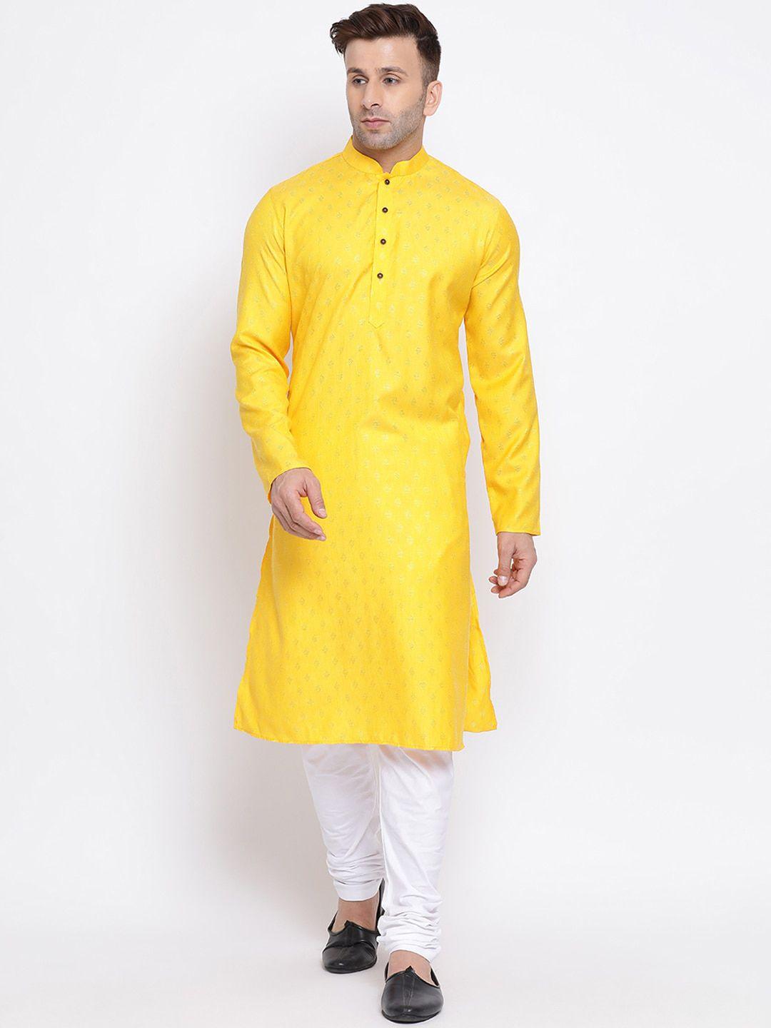 namaskar men yellow printed cotton straight kurta