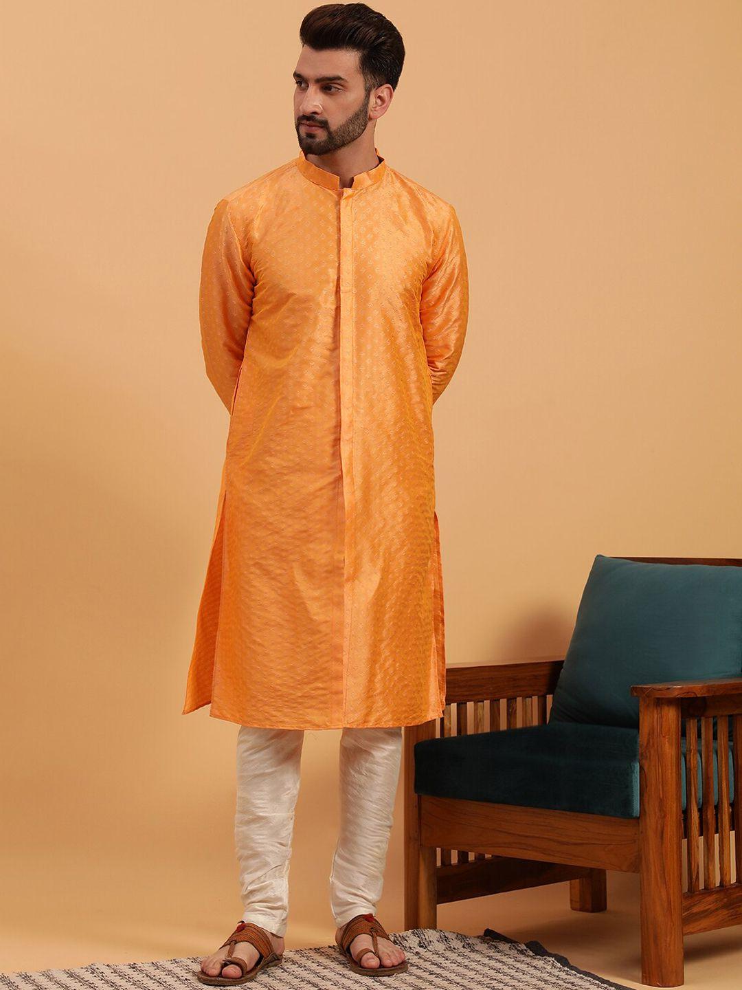 namaskar woven design mandarin collar pure silk kurta with churidar