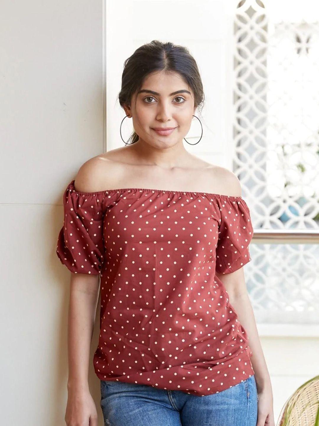 nangalia ruchira maroon floral print off-shoulder bardot crop top