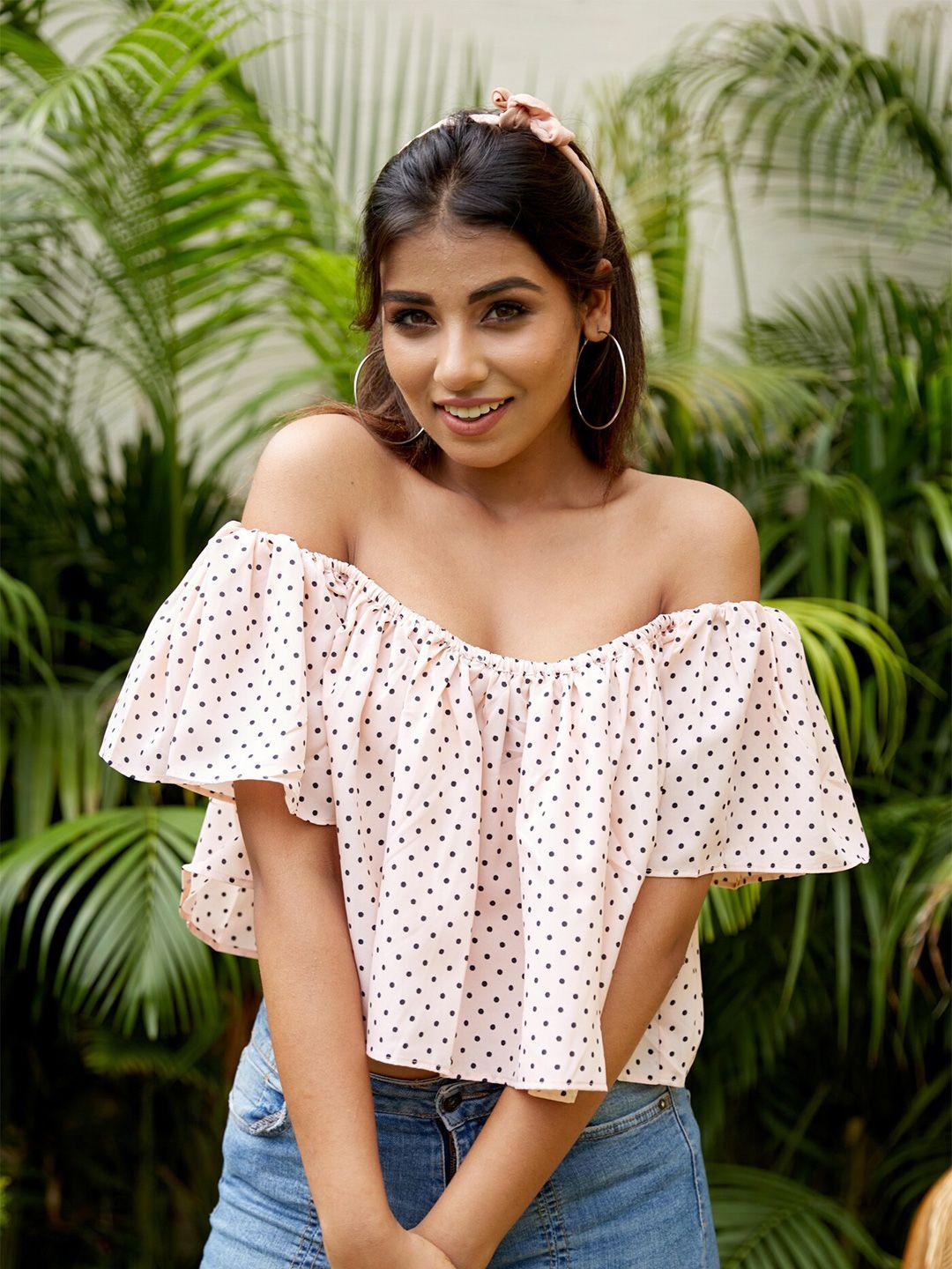 nangalia ruchira peach-coloured tropical print off-shoulder crepe styled back crop top