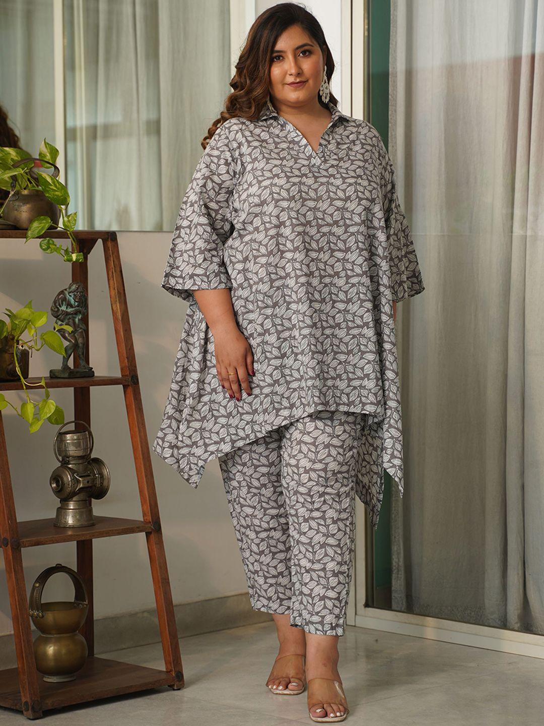 nangalia ruchira plus size floral printed shirt collar pure cotton tunic with trousers