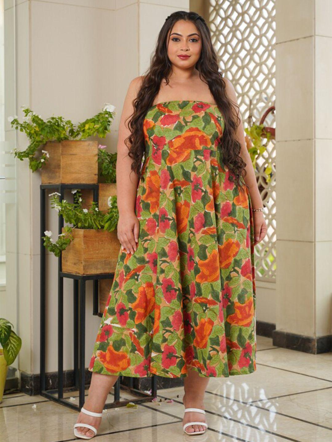 nangalia ruchira plus size green & orange floral printed cotton dress