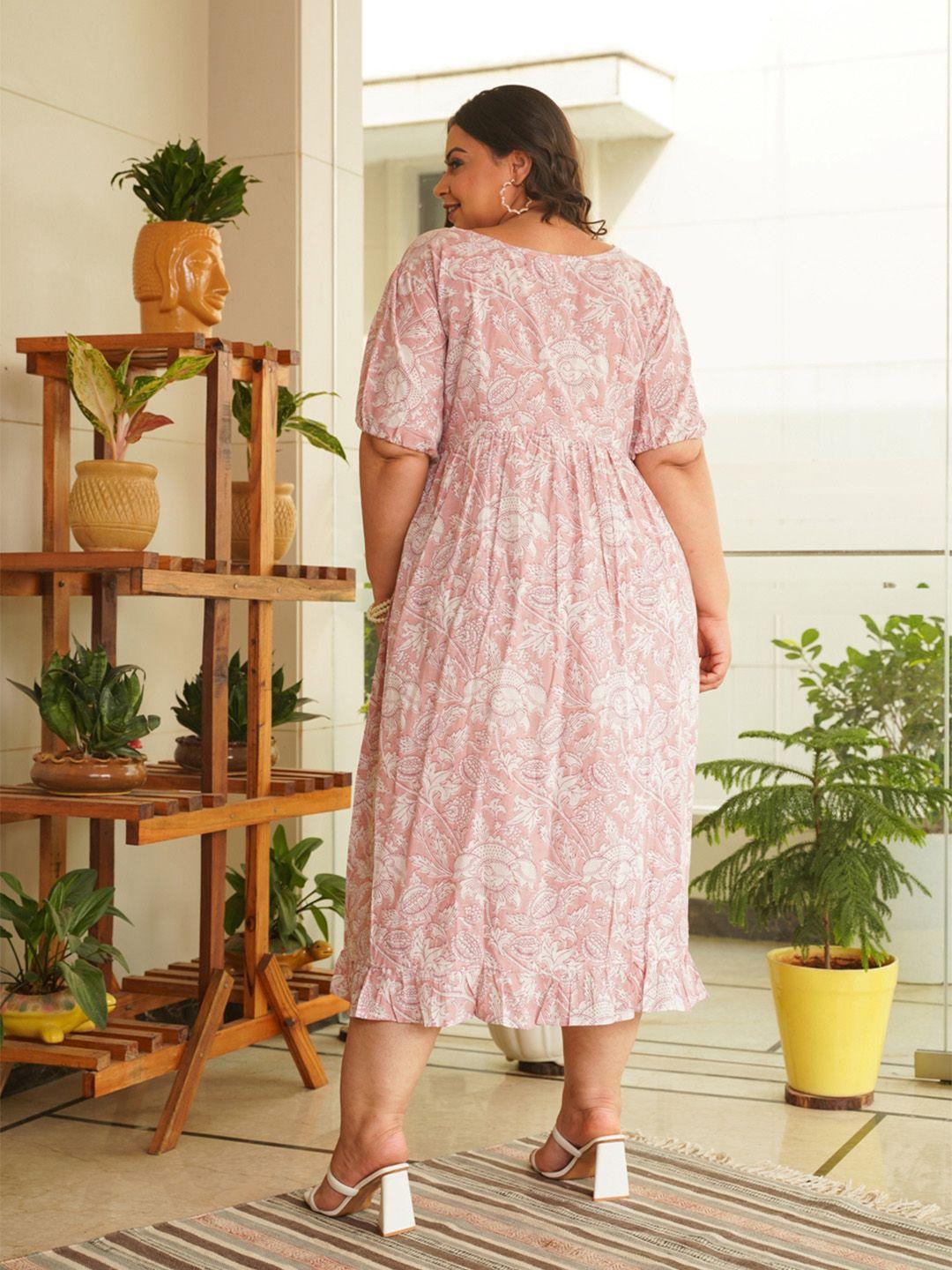 nangalia ruchira plus size pink & white floral printed a-line midi cotton dress