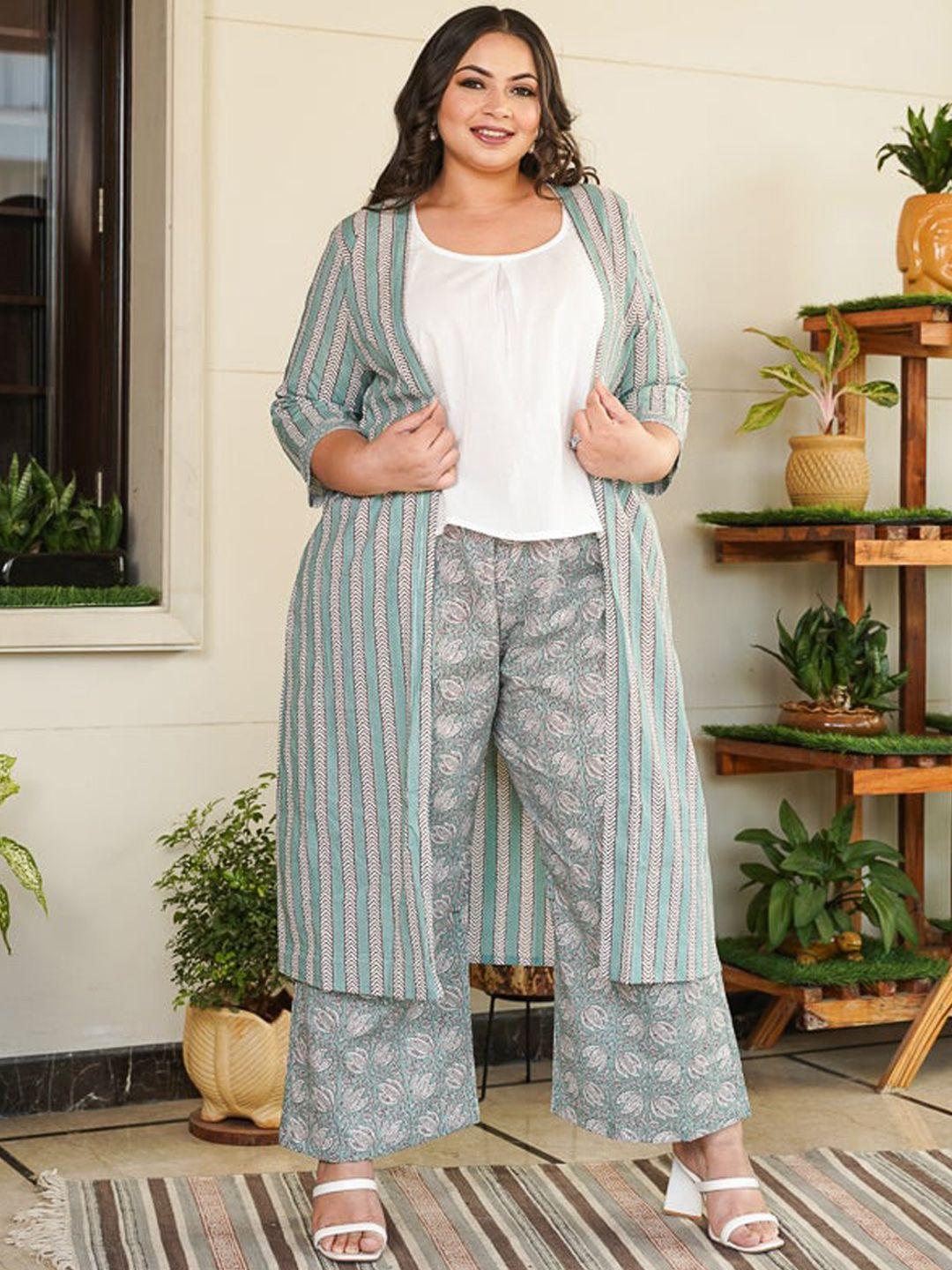 nangalia ruchira plus size printed pure cotton t-shirt with trousers & jacket