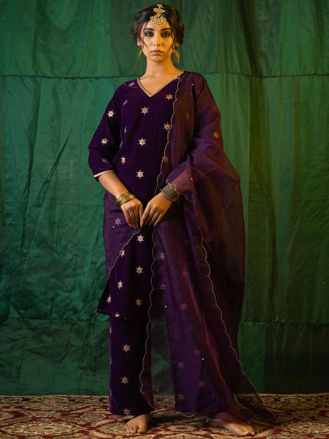 nangalia ruchira women embroidered thread work velvet kurta with trousers & with dupatta