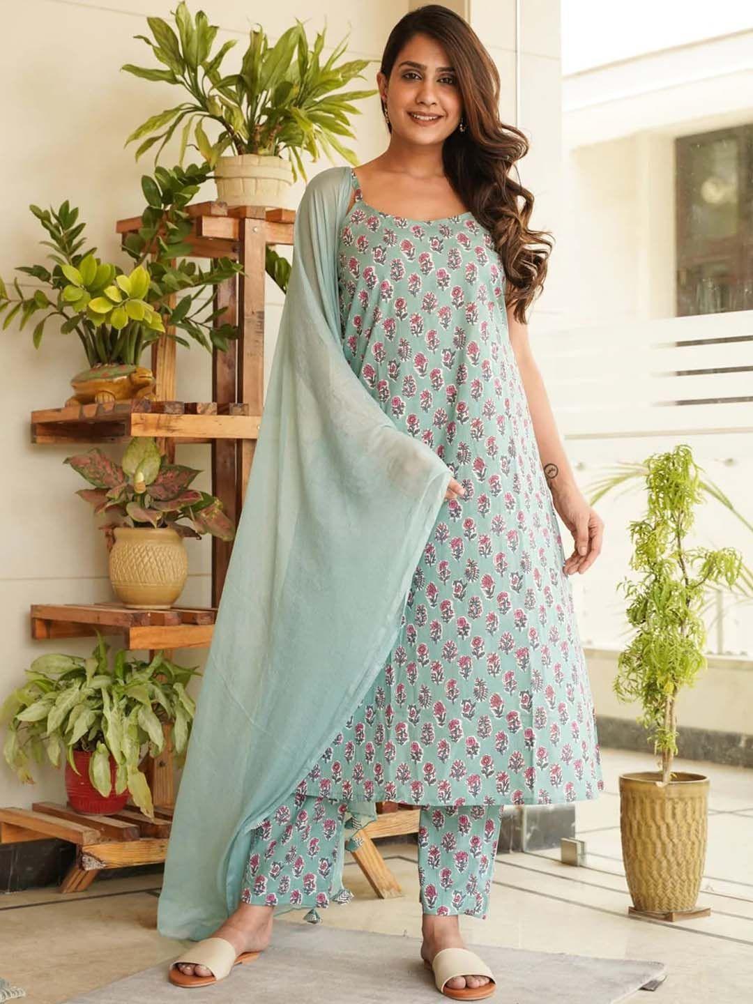 nangalia ruchira women floral printed pure cotton kurta with trousers & with dupatta