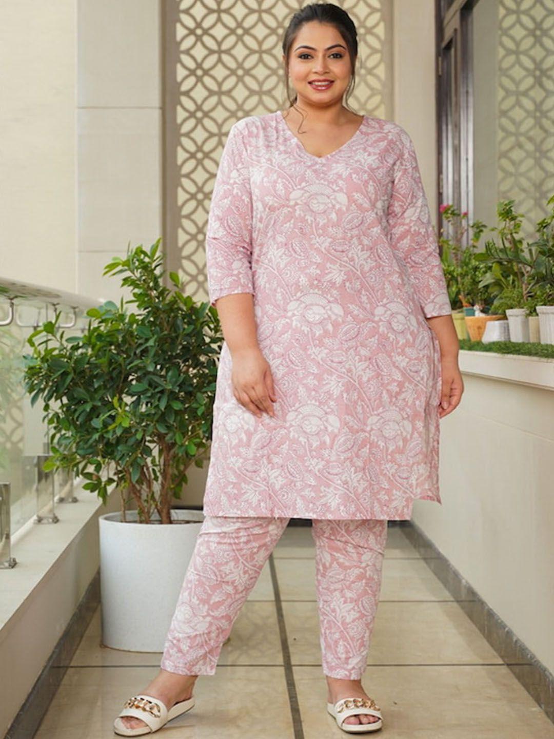 nangalia ruchira women plus size pink floral printed pure cotton kurta with trousers