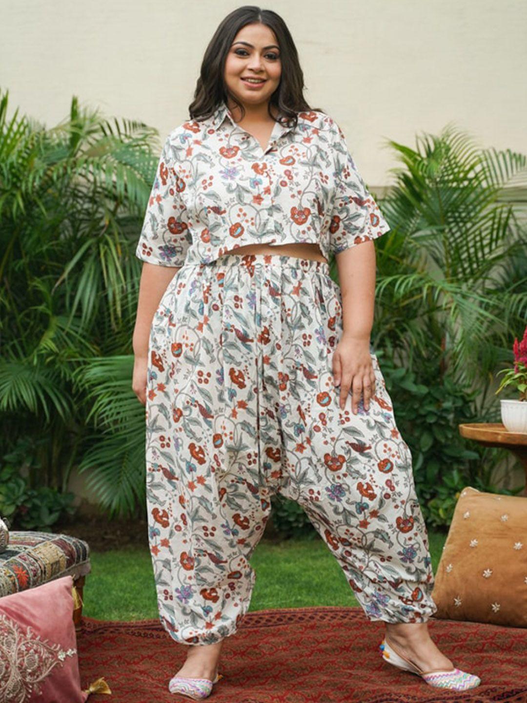 nangalia ruchira women plus size white & grey printed pure cotton co-ords set