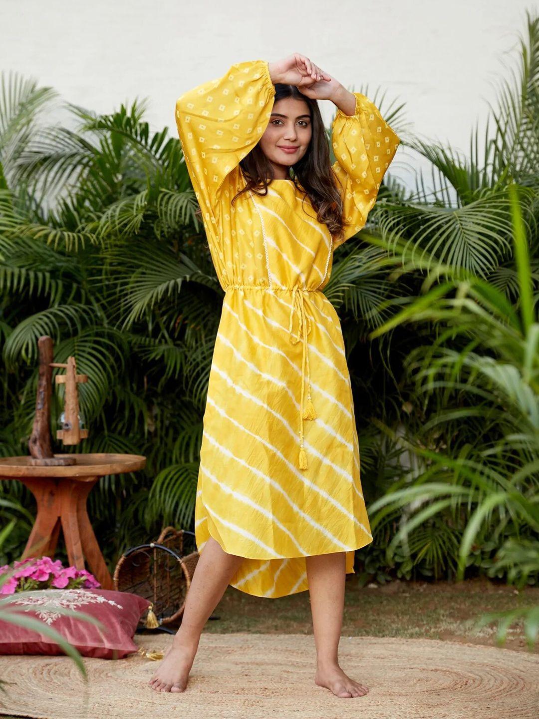 nangalia ruchira women yellow & white printed cotton kaftan midi dress