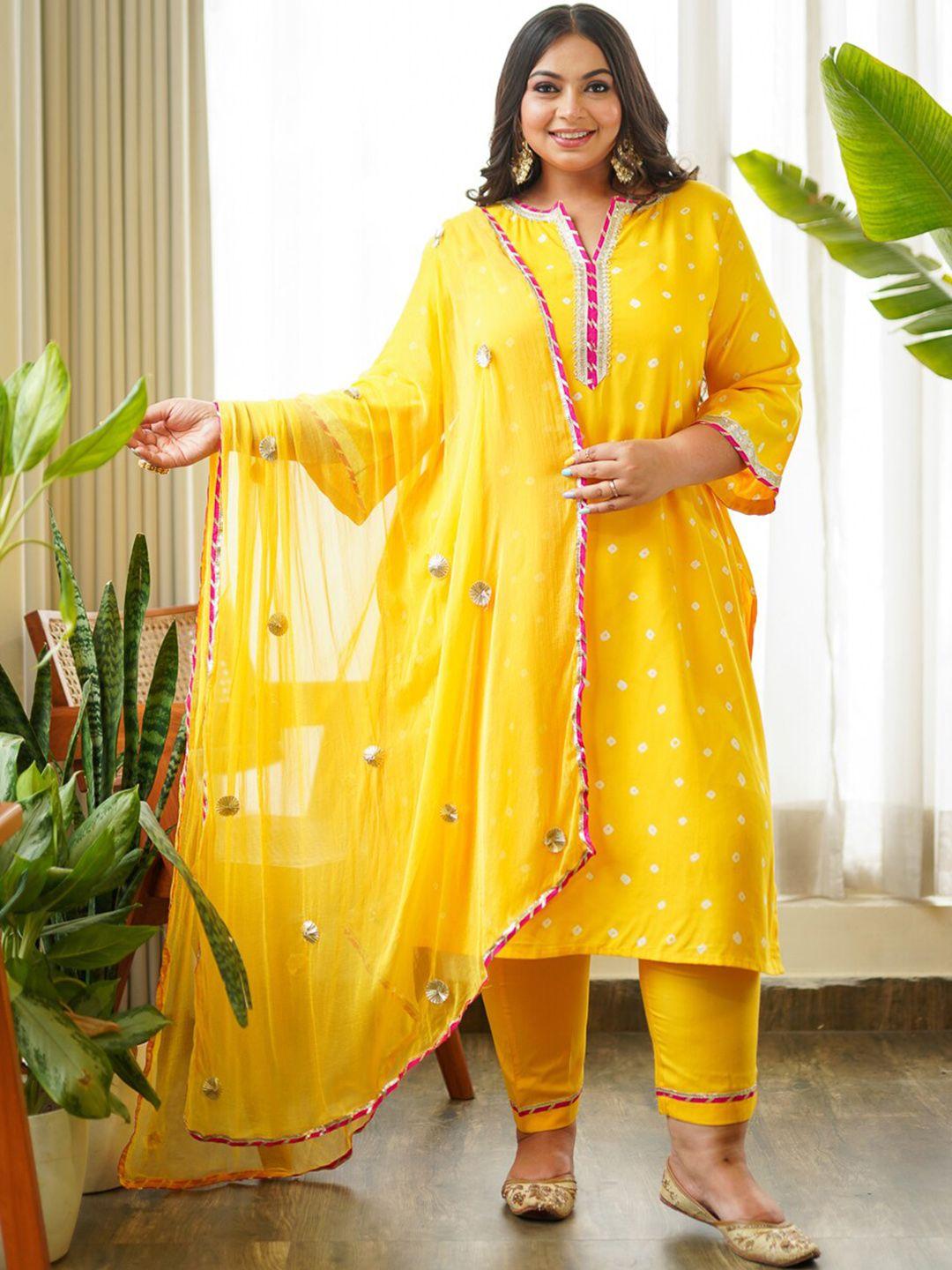 nangalia ruchira women yellow printed regular aari work pure cotton kurta with pyjamas & with dupatta