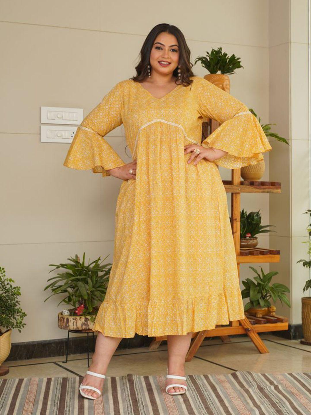 nangalia ruchira yellow & white plus size floral printed  a-line midi cotton dress