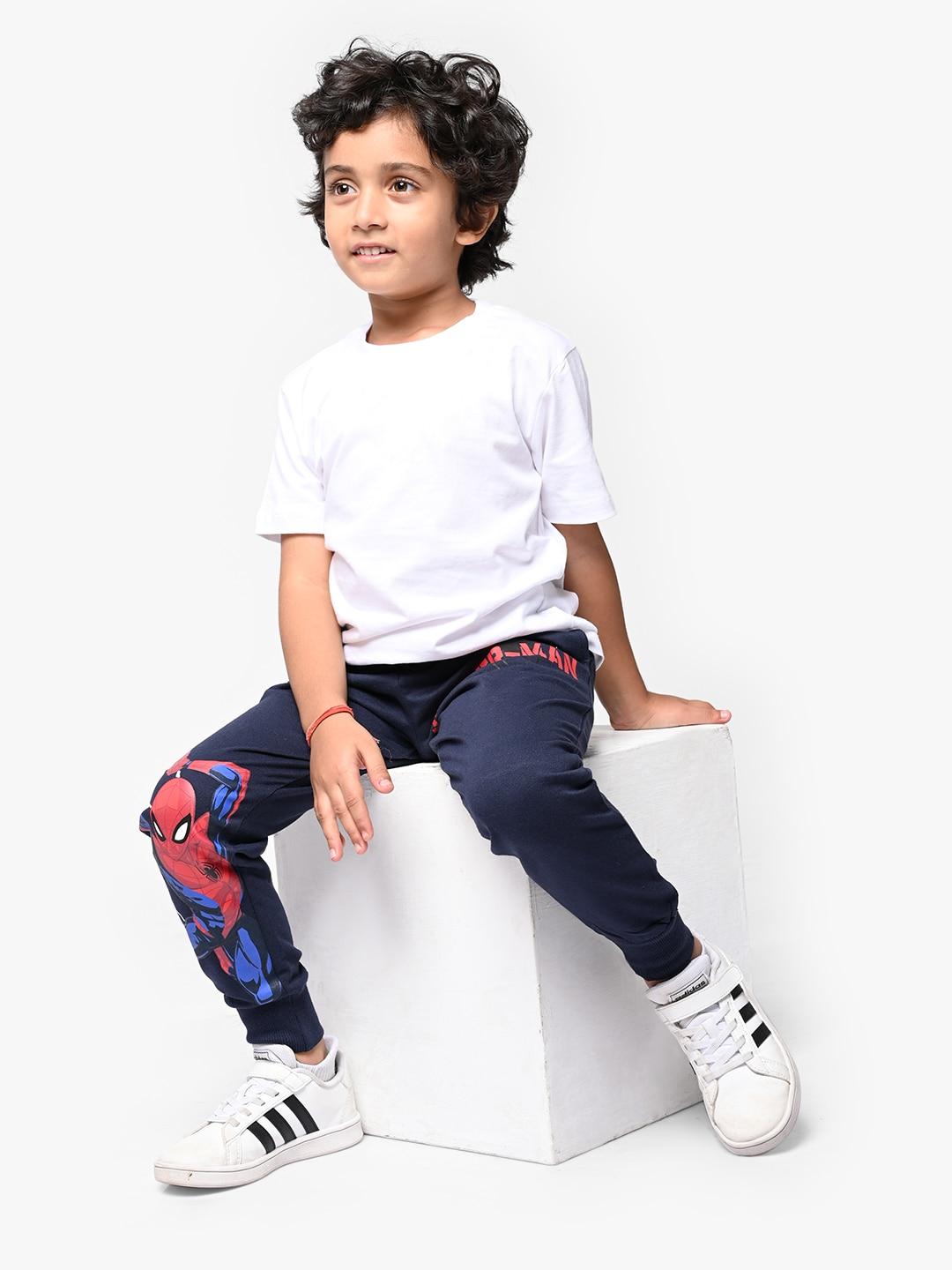 nap chief boys navy blue & red spiderman print cotton joggers