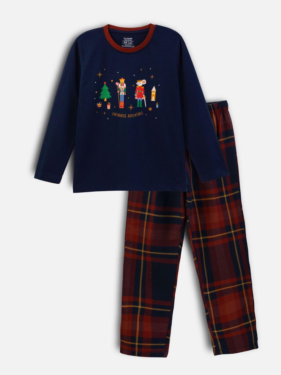 nap chief kids navy blue printed night suit