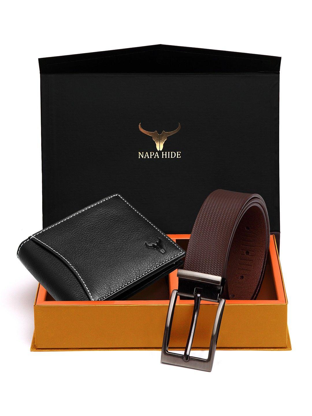 napa hide men black & brown rfid protected genuine leather accessory gift set