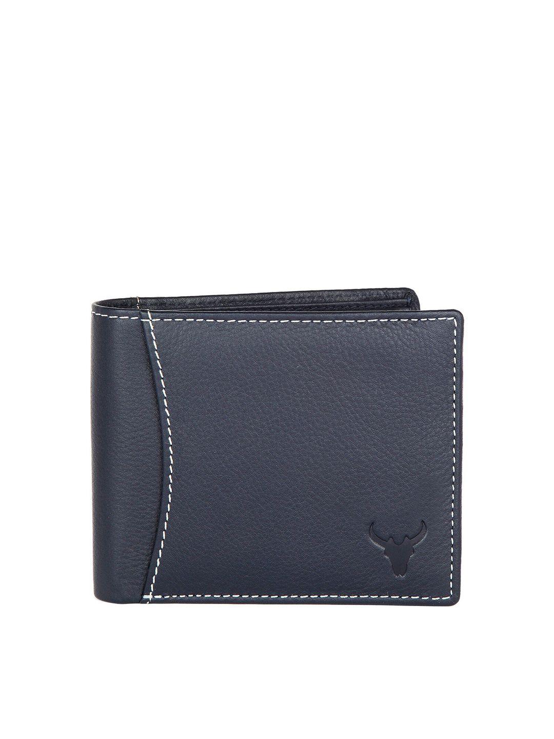 napa hide men blue solid leather two fold wallet with rfid