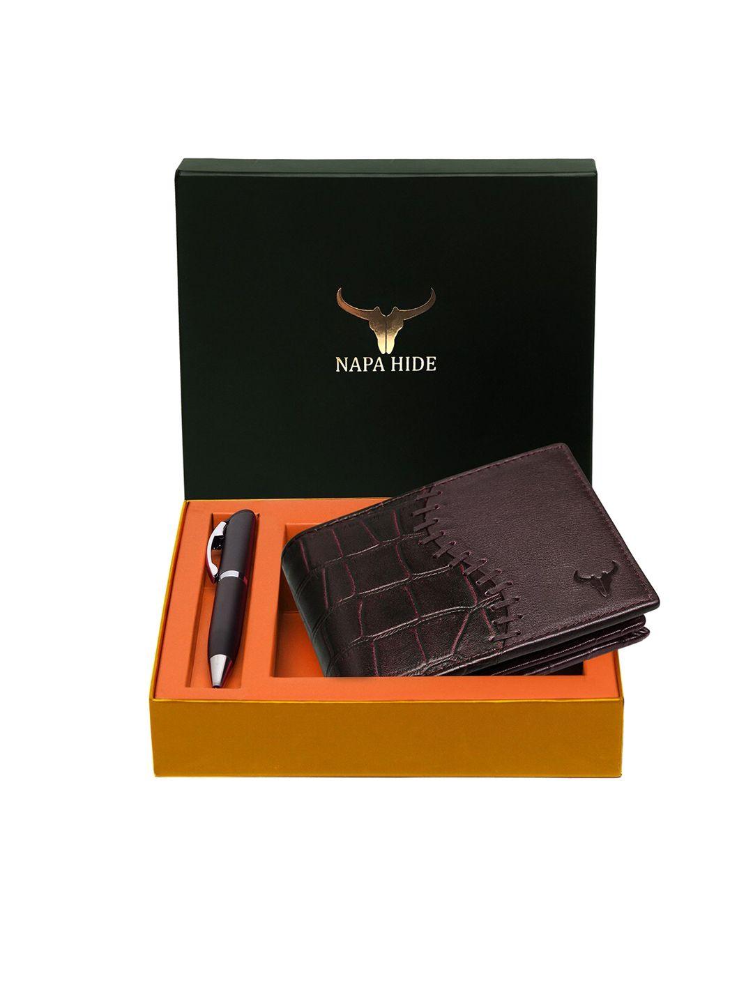 napa hide men maroon & black rfid protected genuine leather accessory gift set